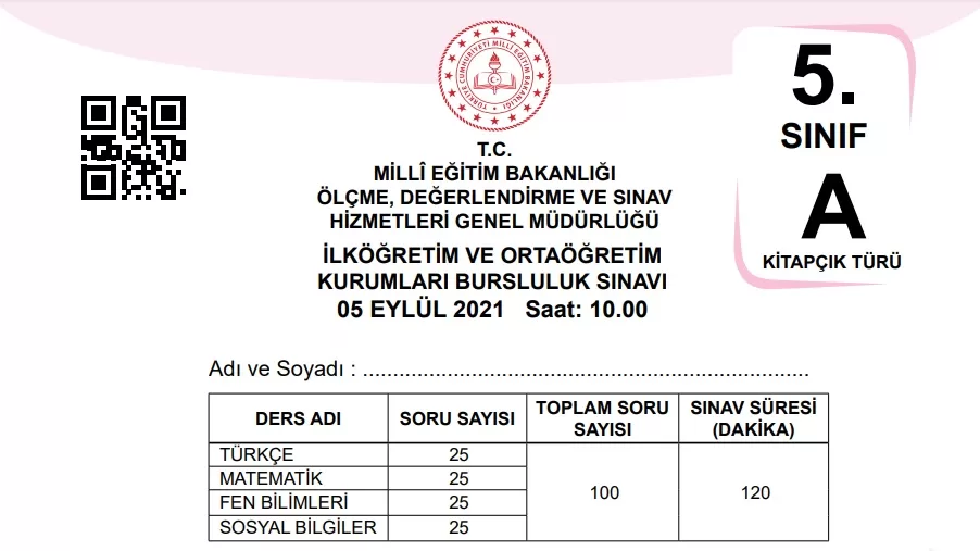 5. Sınıf Bursluluk Sınavı Soruları 2021