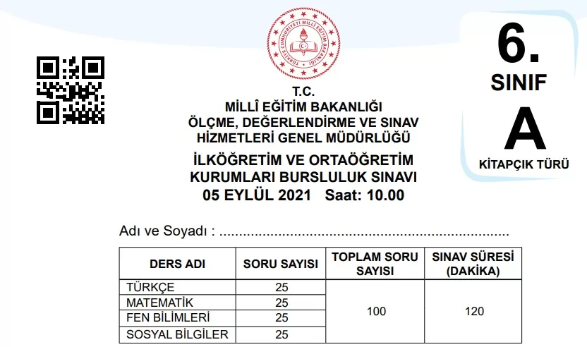 6. Sınıf Bursluluk Sınavı Soruları 2021